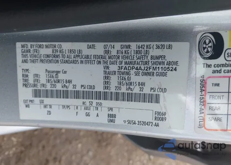 2015 Ford Fiesta S z USA, uszkodzony, nr VIN 3FADP4AJ2FM110524